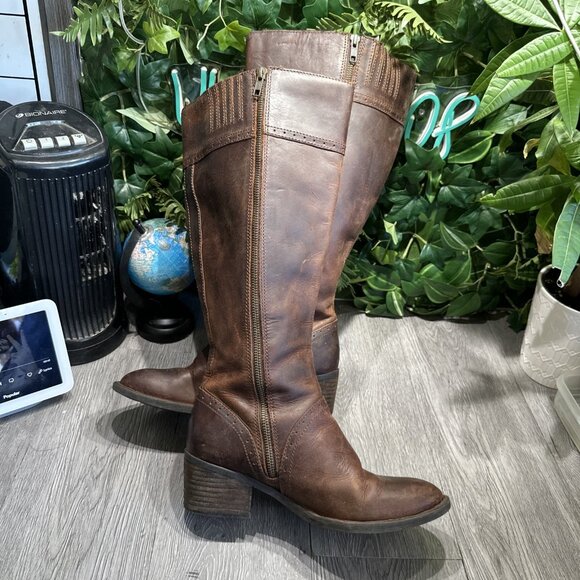Born Women's Poly Riding Boot Size 8 M Tall Zip Block Heel Brown Leather - Picture 9 of 13
